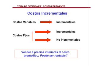 TOMA DE DECISIONES : COSTO PERTINENTE


          Costos Incrementales

Costos Variables                 Incrementales


                                 Incrementales
Costos Fijos
                                 No Incrementales



      Vender a precios inferiores al costo
       promedio ¡¡ Puede ser rentable!!
 