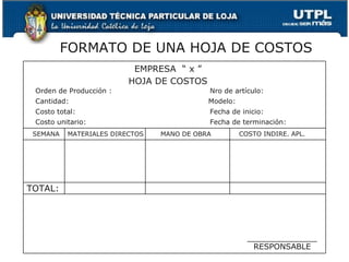 FORMATO DE UNA HOJA DE COSTOS
                          EMPRESA “ x ”
                         HOJA DE COSTOS
 Orden de Producción :                     Nro de artículo:
 Cantidad:                                 Modelo:
 Costo total:                              Fecha de inicio:
 Costo unitario:                           Fecha de terminación:
 SEMANA   MATERIALES DIRECTOS   MANO DE OBRA         COSTO INDIRE. APL.




TOTAL:




                                                        RESPONSABLE
 