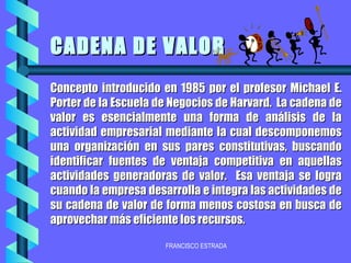CADENA DE VALOR Concepto introducido en 1985 por el profesor Michael E. Porter de la Escuela de Negocios de Harvard.  La cadena de valor es esencialmente una forma de análisis de la actividad empresarial mediante la cual descomponemos una organización en sus pares constitutivas, buscando identificar fuentes de ventaja competitiva en aquellas actividades generadoras de valor.  Esa ventaja se logra cuando la empresa desarrolla e integra las actividades de su cadena de valor de forma menos costosa en busca de aprovechar más eficiente los recursos. 