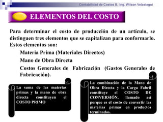 Contabilidad de Costos II. Ing. Wilson Velastegui



        ELEMENTOS DEL COSTO
Para determinar el costo de producción de un artículo, se
distinguen tres elementos que se capitalizan para conformarlo.
Estos elementos son:
     Materia Prima (Materiales Directos)
     Mano de Obra Directa
     Costos Generales de Fabricación (Gastos Generales de
     Fabricación).
                                    La combinación de la Mano de
  La suma de las materias           Obra Directa y la Carga Fabril
  primas y la mano de obra          constituye    el   COSTO       DE
  directa   constituyen el          CONVERSIÓN,         llamado     así
  COSTO PRIMO                       porque es el costo de convertir las
                                    materias primas en productos
                                    terminados.
 