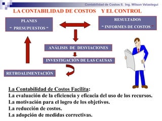 Contabilidad de Costos II. Ing. Wilson Velastegui

  LA CONTABILIDAD DE COSTOS Y EL CONTROL
     PLANES                                           RESULTADOS

 “ PRESUPUESTOS “                             “ INFORMES DE COSTOS ”




                    ANÁLISIS DE DESVIACIONES


                 INVESTIGACIÓN DE LAS CAUSAS


RETROALIMENTACIÓN



La Contabilidad de Costos Facilita:
La evaluación de la eficiencia y eficacia del uso de los recursos.
La motivación para el logro de los objetivos.
La reducción de costos.
La adopción de medidas correctivas.
 