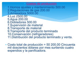 Costos de producción
 1.Hornos ajustes y mantenimiento 500.00
2.Regulaciones de gas 200.00
3.Amasadora 5000.00
4.Luz 2500.00
5.Agua 200.00
6.Dobladores 500.00
7.Supervisión de material
8.Transporte de material
9.Transporte del producto terminado
10.Conservación (refrigeradores)
11.Distribución del producto terminado y venta.
 Costo total de producción = 50 200.00 Cincuenta
mil doscientos dólares por mes surtiendo cuatro
expendios y la panificadora.
 