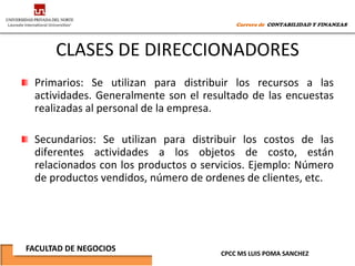 Carrera de CONTABILIDAD Y FINANZAS




      CLASES DE DIRECCIONADORES
 Primarios: Se utilizan para distribuir los recursos a las
 actividades. Generalmente son el resultado de las encuestas
 realizadas al personal de la empresa.

 Secundarios: Se utilizan para distribuir los costos de las
 diferentes actividades a los objetos de costo, están
 relacionados con los productos o servicios. Ejemplo: Número
 de productos vendidos, número de ordenes de clientes, etc.




FACULTAD DE NEGOCIOS
                                     CPCC MS LUIS POMA SANCHEZ
 