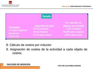 Carrera de CONTABILIDAD Y FINANZAS




8. Cálculo de costos por inductor
9. Asignación de costos de la actividad a cada objeto de
    costos.


FACULTAD DE NEGOCIOS
                                   CPCC MS LUIS POMA SANCHEZ
 
