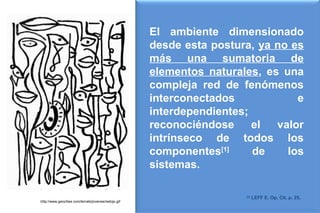 El ambiente dimensionado
                                                      desde esta postura, ya no es
                                                      más una sumatoria de
                                                      elementos naturales, es una
                                                      compleja red de fenómenos
                                                      interconectados            e
                                                      interdependientes;
                                                      reconociéndose     el  valor
                                                      intrínseco de todos los
                                                      componentes[1]     de    los
                                                      sistemas.

                                                                       [1]
                                                                             LEFF E. Op. Cit. p. 25.
http://www.geocities.com/terrats/jovenes/redojo.gif
 