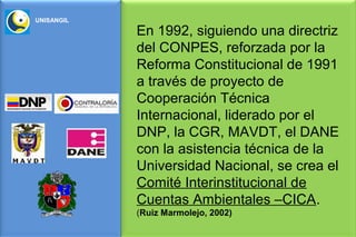 UNISANGIL

            En 1992, siguiendo una directriz
            del CONPES, reforzada por la
            Reforma Constitucional de 1991
            a través de proyecto de
            Cooperación Técnica
            Internacional, liderado por el
            DNP, la CGR, MAVDT, el DANE
            con la asistencia técnica de la
            Universidad Nacional, se crea el
            Comité Interinstitucional de
            Cuentas Ambientales –CICA.
            (Ruiz Marmolejo, 2002)
 