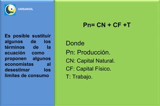 UNISANGIL




                               Pn= CN + CF +T
Es posible sustituir
algunos     de   los    Donde
términos     de    la
ecuación como           Pn: Producción.
proponen algunos
                        CN: Capital Natural.
economistas        al
desestimar       los    CF: Capital Físico.
limites de consumo      T: Trabajo.
 