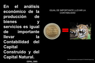 En el análisis
económico de la           IGUAL DE IMPORTANTE LLEVAR LA
                                   CONTABILIDAD

producción       de
bienes             y
servicios es igual
de      importante
llevar            la
Contabilidad del
Capital
Construido y del
Capital Natural.                        http://www.arqueomex.com/images/FOTOSNUM72/jaguar3.jpg

            CEPAL, 2005
 