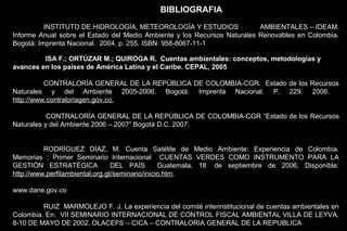 BIBLIOGRAFIA
          INSTITUTO DE HIDROLOGÍA, METEOROLOGÍA Y ESTUDIOS                AMBIENTALES – IDEAM.
Informe Anual sobre el Estado del Medio Ambiente y los Recursos Naturales Renovables en Colombia.
Bogotá: Imprenta Nacional. 2004, p. 255. ISBN: 958-8067-11-1

         ISA F.; ORTÚZAR M.; QUIROGA R. Cuentas ambientales: conceptos, metodologías y
avances en los países de América Latina y el Caribe. CEPAL, 2005

          CONTRALORÍA GENERAL DE LA REPÚBLICA DE COLOMBIA-CGR. Estado de los Recursos
Naturales y del Ambiente 2005-2006. Bogotá: Imprenta Nacional. P. 229. 2006.
http://www.contraloriagen.gov.co.

           CONTRALORÍA GENERAL DE LA REPÚBLICA DE COLOMBIA-CGR “Estado de los Recursos
Naturales y del Ambiente 2006 – 2007” Bogotá D.C. 2007.


          RODRÍGUEZ DÍAZ, M. Cuenta Satélite de Medio Ambiente: Experiencia de Colombia.
Memorias : Primer Seminario Internacional CUENTAS VERDES COMO INSTRUMENTO PARA LA
GESTIÓN ESTRATÉGICA              DEL PAÍS        Guatemala, 18 de septiembre de 2006, Disponible:
http://www.perfilambiental.org.gt/seminario/inicio.htm.

www.dane.gov.co

         RUIZ MARMOLEJO F. J. La experiencia del comité interinstitucional de cuentas ambientales en
Colombia. En: VII SEMINARIO INTERNACIONAL DE CONTROL FISCAL AMBIENTAL VILLA DE LEYVA,
8-10 DE MAYO DE 2002. OLACEFS – CICA – CONTRALORIA GENERAL DE LA REPUBLICA
 