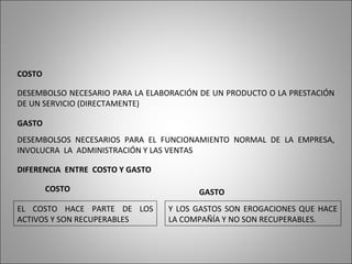 COSTO
DESEMBOLSO NECESARIO PARA LA ELABORACIÓN DE UN PRODUCTO O LA PRESTACIÓN
DE UN SERVICIO (DIRECTAMENTE)
GASTO
DESEMBOLSOS NECESARIOS PARA EL FUNCIONAMIENTO NORMAL DE LA EMPRESA,
INVOLUCRA LA ADMINISTRACIÓN Y LAS VENTAS
DIFERENCIA ENTRE COSTO Y GASTO
EL COSTO HACE PARTE DE LOS
ACTIVOS Y SON RECUPERABLES
Y LOS GASTOS SON EROGACIONES QUE HACE
LA COMPAÑÍA Y NO SON RECUPERABLES.
COSTO GASTO
 