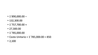 • 1´890,000.00 –
• 132,300.00
• 1´757,700.00 +
• 27,300.00
• 1´785,000.00
• Costo Unitario = 1´785,000.00 = 850
• 2,100
 