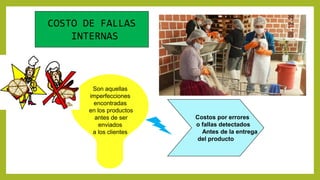 COSTO DE FALLAS
INTERNAS
Son aquellas
imperfecciones
encontradas
en los productos
antes de ser
enviados
a los clientes
Costos por errores
o fallas detectados
Antes de la entrega
del producto
 