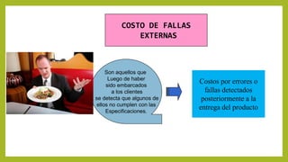 =
COSTO DE FALLAS
EXTERNAS
Son aquellos que
Luego de haber
sido embarcados
a los clientes
, se detecta que algunos de
ellos no cumplen con las
Especificaciones.
Costos por errores o
fallas detectados
posteriormente a la
entrega del producto
 