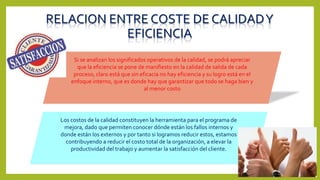 RELACION ENTRE COSTE DE CALIDADY
EFICIENCIA
Si se analizan los significados operativos de la calidad, se podrá apreciar
que la eficiencia se pone de manifiesto en la calidad de salida de cada
proceso, claro está que sin eficacia no hay eficiencia y su logro está en el
enfoque interno, que es donde hay que garantizar que todo se haga bien y
al menor costo
Los costos de la calidad constituyen la herramienta para el programa de
mejora, dado que permiten conocer dónde están los fallos internos y
donde están los externos y por tanto si logramos reducir estos, estamos
contribuyendo a reducir el costo total de la organización, a elevar la
productividad del trabajo y aumentar la satisfacción del cliente.
 