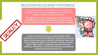 Los costos asociados con la realización y entrega de un
producto o servicio, están relacionados con los niveles o
grados de calidad (calidad de diseño).
Por ejemplo los costos relacionados con los servicios
ofrecidos por un Hotel 4 estrellas son más altos que los
correspondientes a los servicios de un Hotel de 2 estrellas.
Desde otro punto de vista, los costos también están
relacionados con el nivel de calidad de realización, el costo es
menor cuanto menor sea la calidad de realización dentro del
mismo “grado de calidad”. Por ejemplo, el hotel 4 estrellas
podría “bajar costos”, trabajando con personal menos
calificado, ofreciendo un menú más reducido, reduciendo el
mantenimiento de la piscina, etc.
 