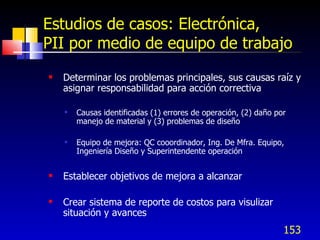 153
Estudios de casos: Electrónica,
PII por medio de equipo de trabajo
 Determinar los problemas principales, sus causas raíz y
asignar responsabilidad para acción correctiva
 Causas identificadas (1) errores de operación, (2) daño por
manejo de material y (3) problemas de diseño
 Equipo de mejora: QC cooordinador, Ing. De Mfra. Equipo,
Ingeniería Diseño y Superintendente operación
 Establecer objetivos de mejora a alcanzar
 Crear sistema de reporte de costos para visulizar
situación y avances
 