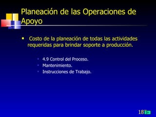 187
Planeación de las Operaciones de
Apoyo
 Costo de la planeación de todas las actividades
requeridas para brindar soporte a producción.
 4.9 Control del Proceso.
 Mantenimiento.
 Instrucciones de Trabajo.
 