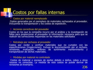 236
Costos por fallas internas
 Costos por material reemplazado
Costos generados por el reemplazo de materiales rechazados al proveedor.
Incluyendo la transportación y los costos de expedición.
 Acciones correctivas del proveedor
Costos en los que la compañía incurre por el análisis y la investigación de
fallas para proporcionar al proveedor la información necesaria para que se
realicen las correcciones requeridas en los materiales solicitados
 Retrabajo por rechazos al proveedor
Costos por recibir y verificar materiales que no cumplen con las
especificaciones (inspecciones). Incluye la documentación por el rechazo,
revisiones, evaluación, ordenes de surtimiento mantenimiento y
transportación de dichos materiales.
 Pérdidas por material no controlado
Costos de material o escases de partes debido a daños, robos u otras
razones no conocidas. La medida de este costos se puede derivar de
revisiones al inventario.
 