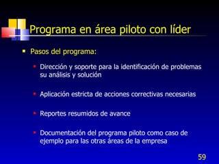 59
Programa en área piloto con líder
 Pasos del programa:
 Dirección y soporte para la identificación de problemas
su análisis y solución
 Aplicación estricta de acciones correctivas necesarias
 Reportes resumidos de avance
 Documentación del programa piloto como caso de
ejemplo para las otras áreas de la empresa
 