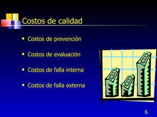 6
Costos de calidad
 Costos de prevención
 Costos de evaluación
 Costos de falla interna
 Costos de falla externa
 