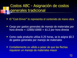 72
Costos ABC - Asignación de costos
generales tradicional
 El “Cost-Driver” lo representa el contenido de mano obra
 Cargo por gastos generales de manejo de materiales por
hora directa = 12000/10000 = $1.2 por hora directa
 Como cada producto utiliza 0.25 horas, se le asigna $0.3
de gastos generales por manejo de materiales
 Contablemente es válido a pesar de que las flechas
requieren un manejo de materiales mayor
 