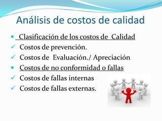 Análisis de costos de calidad
 Clasificación de los costos de Calidad
 Costos de prevención.
 Costos de Evaluación./ Apreciación
 Costos de no conformidad o fallas
 Costos de fallas internas
 Costos de fallas externas.
 