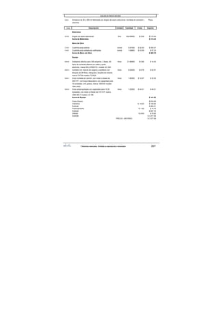 ©Derechos reservados. Prohibida su reproducción o transmisión 207
ANÁLISIS DE PRECIO UNITARIO
05003 Armadura de 60 x 500 cm fabricada con ángulo de acero estructural, montada en conexión d Pieza
columna.
Clave Descripción Unidad Cantidad Costo Importe
Materiales
AC006 Angulo de acero estructural Kilo 534.65000 $ 0.59 $ 315.44
Suma de Materiales $ 315.44
Mano de Obra
CU024 Cuadrilla para paileria. Jornal 5.87000 $ 52.55 $ 308.47
CU027 Cuadrilla para soldaduras calificadas Jornal 1.06800 $ 53.59 $ 57.23
Suma de Mano de Obra $ 365.70
Equipo
MQ036 Soldadora eléctica para 300 amperes, 2 fases, 60 Hora 21.89000 $ 0.66 $ 14.45
hertz de corriente alterna con cable y porta
electrodo, marca MILLERMATIC, modelo AC-300
MQ015 Cortador con mezcla de oxigeno y acetileno con Hora 6.04000 $ 8.76 $ 52.91
tanques de 20 Kilos, manguera, boquilla de mezcla,
marca TATSA modelo TO/X20
MQ021 Grúa montada en camión, con motor a diesel de Hora 1.80000 $ 16.97 $ 30.55
240 H.P., con brazo telescópico con capacidad para
10 toneladas a 45 grados, marca GROVE modelo
TMS-250C.
MQ022 Grúa autopropulsada con capacidad para 15.00 Hora 1.20000 $ 45.01 $ 54.01
toneladas, con motor a Diesel de 310 H.P. marca
LINK BELT modelo LS-108
Suma de Equipo $ 151.92
Costo Directo $ 833.06
Indirectos % 18.00 $ 149.95
Subtotal $ 983.01
Financiamiento % 1.50 $ 14.75
Subtotal $ 997.76
Utilidad % 8.00 $ 79.82
Subtotal $ 1,077.58
PRECIO UNITARIO $ 1,077.58
 