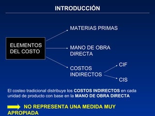 INTRODUCCIÓN MATERIAS PRIMAS MANO DE OBRA DIRECTA COSTOS INDIRECTOS ELEMENTOS DEL COSTO El costeo tradicional distribuye los  COSTOS INDIRECTOS  en cada unidad de producto con base en la  MANO DE OBRA DIRECTA NO REPRESENTA UNA MEDIDA MUY APROPIADA CIF CIS 