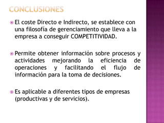 CATEGORIA DE LOS COSTOS INDIRECTOS  DE FABRICACIÓN. Costos indirectos de fabricación variables	Cambia en proporción directa al nivel de producción dentro del rango relevanteCostos indirectos de fabricación fijos	permanecen constantes dentro del rango relevanteCostos indirectos de fabricación mixtosNo son totalmente fijos ni totalmente variables en su naturaleza
