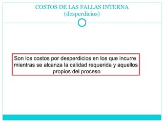 COSTOS DE LAS FALLAS INTERNA (desperdicios) Son los costos por desperdicios en los que incurre  mientras se alcanza la calidad requerida y aquellos propios del proceso 