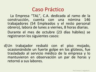 Caso Práctico La Empresa “TAL”, C.A. dedicada al ramo de la construcción, cuenta con una nómina 146 trabajadores (54 Empleados y el resto personal obrero), labora de lunes a viernes, 8 horas diarias.  Durante el mes de octubre (23 días hábiles) se registraron los siguientes casos: Un trabajador resbaló con el piso mojado, ocasionándole un fuerte golpe en los glúteos, fue trasladado al servicio médico de la empresa y lo mantuvieron en observación un par de horas y retornó a sus labores. Prof. Emma C. Argüello D. 