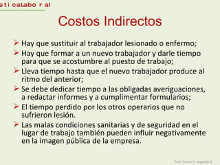 Costos Indirectos Hay que sustituir al trabajador lesionado o enfermo;  Hay que formar a un nuevo trabajador y darle tiempo para que se acostumbre al puesto de trabajo;  Lleva tiempo hasta que el nuevo trabajador produce al ritmo del anterior;  Se debe dedicar tiempo a las obligadas averiguaciones, a redactar informes y a cumplimentar formularios;  El tiempo perdido por los otros operarios que no sufrieron lesión. Las malas condiciones sanitarias y de seguridad en el lugar de trabajo también pueden influir negativamente en la imagen pública de la empresa.  Estadística Laboral Prof. Emma C. Argüello D. 