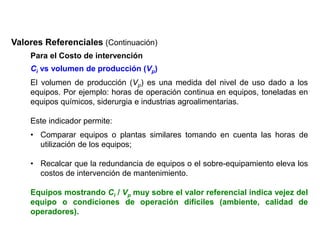 Valores Referenciales (Continuación)
Para el Costo de intervención
Ci vs volumen de producción (Vp)
El volumen de producción (Vp) es una medida del nivel de uso dado a los
equipos. Por ejemplo: horas de operación continua en equipos, toneladas en
equipos químicos, siderurgia e industrias agroalimentarias.
Este indicador permite:
• Comparar equipos o plantas similares tomando en cuenta las horas de
utilización de los equipos;
• Recalcar que la redundancia de equipos o el sobre-equipamiento eleva los
costos de intervención de mantenimiento.
Equipos mostrando Ci / Vp muy sobre el valor referencial indica vejez del
equipo o condiciones de operación difíciles (ambiente, calidad de
operadores).
 