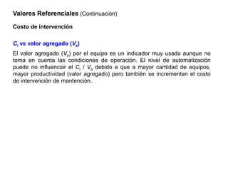 Valores Referenciales (Continuación)
Costo de intervención
Ci vs valor agregado (Va)
El valor agregado (Va) por el equipo es un indicador muy usado aunque no
toma en cuenta las condiciones de operación. El nivel de automatización
puede no influenciar el Ci / Va debido a que a mayor cantidad de equipos,
mayor productividad (valor agregado) pero también se incrementan el costo
de intervención de mantención.
 