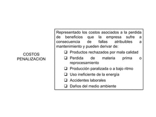 COSTOS
PENALIZACION
Representado los costos asociados a la perdida
de beneficios que la empresa sufre a
consecuencia de fallas atribuibles a
mantenimiento y pueden derivar de:
 Productos rechazados por mala calidad
 Perdida de materia prima o
reprocesamiento
 Producción paralizada o a bajo ritmo
 Uso ineficiente de la energía
 Accidentes laborales
 Daños del medio ambiente
 