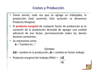 Costos y Producción
11
• Como vemos, cada vez que se agrega un trabajador, la
producción total aumenta. Esta variación se denomina
Producto Marginal.
• El producto marginal de cualquier factor de producción es la
variación de la producción derivada de agregar una unidad
adicional de ese factor, permaneciendo todos los demás
factores constantes.
• Se representa como 
∆ = “cambio en…”
Ejemplo:
∆Q = cambio en la producción, ∆L = cambio en factor trabajo
• Producto marginal del trabajo (PML) = ∆Q
∆L
 