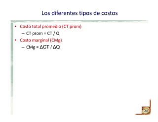 Los diferentes tipos de costos
• Costo total promedio (CT prom)
– CT prom = CT / Q
• Costo marginal (CMg)
– CMg = ∆CT / ∆Q
21
 