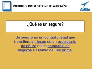 INTRODUCCIÓN AL SEGURO DE AUTOMÓVIL
¿Qué es un seguro?
Un seguro es un contrato legal que
transfiere el riesgo de un propietario
de póliza a una compañía de
seguros a cambio de una prima.
 