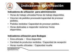 Indicadores de utilización para administración
• Horas de trabajo utilizadas/Horas de trabajo disponibles.
• Volumen de pedidos procesado/capacidad de procesar
pedidos.
• Pedidos recibidos/ Capacidad de procesar pedidos.
• Horas dedicadas a responder reclamos/ horas
Indicadores de Utilización
www.highlogistics.com
logistics@une.net.co
• Horas dedicadas a responder reclamos/ horas
disponibles.
Indicadores utilización para Bodegas
• Área utilizada / Área disponible
• Cantidad de productos recibidos / Capacidad de recepción
• Horas muelle utilizadas / Capacidad muelle
 