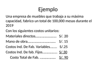 Ejemplo
Una empresa de muebles que trabaja a su máxima
capacidad, fabrico un total de 100,000 mesas durante el
2019
Con los siguientes costos unitarios:
Materiales directos…………….…….. S/. 20
Mano de obra………………………..… S/. 15
Costos Ind. De Fab. Variables…….. S/.25
Costos Ind. De fab. Fijos…………….. S/.30
Costo Total de Fab. ……………… S/. 90
 