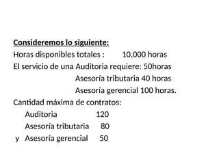 Consideremos lo siguiente:
Horas disponibles totales : 10,000 horas
El servicio de una Auditoria requiere: 50horas
Asesoría tributaria 40 horas
Asesoría gerencial 100 horas.
Cantidad máxima de contratos:
Auditoria 120
Asesoría tributaria 80
y Asesoría gerencial 50
 