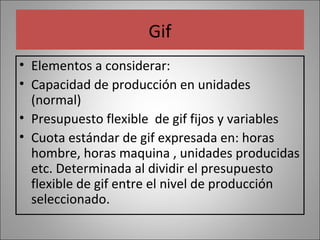 Gif
• Elementos a considerar:
• Capacidad de producción en unidades
(normal)
• Presupuesto flexible de gif fijos y variables
• Cuota estándar de gif expresada en: horas
hombre, horas maquina , unidades producidas
etc. Determinada al dividir el presupuesto
flexible de gif entre el nivel de producción
seleccionado.

 