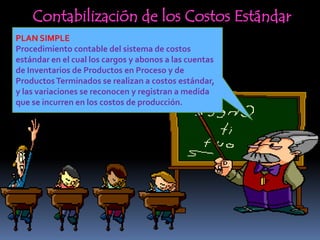 Contabilización de los Costos Estándar
PLAN SIMPLE
Procedimiento contable del sistema de costos
estándar en el cual los cargos y abonos a las cuentas
de Inventarios de Productos en Proceso y de
Productos Terminados se realizan a costos estándar,
y las variaciones se reconocen y registran a medida
que se incurren en los costos de producción.
 