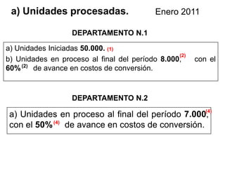 a) Unidades procesadas.                   Enero 2011

                   DEPARTAMENTO N.1

a) Unidades Iniciadas 50.000. (1)
                                                 (2)
b) Unidades en proceso al final del período 8.000,     con el
60% (2) de avance en costos de conversión.


                   DEPARTAMENTO N.2
                                                   (4)
 a) Unidades en proceso al final del período 7.000,
 con el 50% (4) de avance en costos de conversión.
 