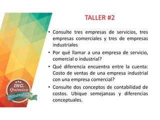 TALLER #2
• Consulte tres empresas de servicios, tres
empresas comerciales y tres de empresas
industriales
• Por qué llamar a una empresa de servicio,
comercial o industrial?
• Qué diferencia encuentra entre la cuenta:
Costo de ventas de una empresa industrial
con una empresa comercial?
• Consulte dos conceptos de contabilidad de
costos. Ubique semejanzas y diferencias
conceptuales.
 