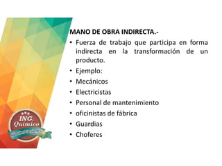 MANO DE OBRA INDIRECTA.-
• Fuerza de trabajo que participa en forma
indirecta en la transformación de un
producto.
• Ejemplo:
• Mecánicos
• Electricistas
• Personal de mantenimiento
• oficinistas de fábrica
• Guardias
• Choferes
 
