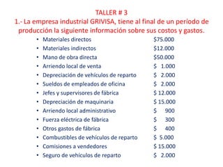 TALLER # 3
1.- La empresa industrial GRIVISA, tiene al final de un período de
producción la siguiente información sobre sus costos y gastos.
• Materiales directos $75.000
• Materiales indirectos $12.000
• Mano de obra directa $50.000
• Arriendo local de venta $ 1.000
• Depreciación de vehículos de reparto $ 2.000
• Sueldos de empleados de oficina $ 2.000
• Jefes y supervisores de fábrica $ 12.000
• Depreciación de maquinaria $ 15.000
• Arriendo local administrativo $ 900
• Fuerza eléctrica de fábrica $ 300
• Otros gastos de fábrica $ 400
• Combustibles de vehículos de reparto $ 5.000
• Comisiones a vendedores $ 15.000
• Seguro de vehículos de reparto $ 2.000
 