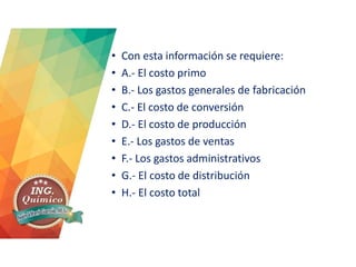 • Con esta información se requiere:
• A.- El costo primo
• B.- Los gastos generales de fabricación
• C.- El costo de conversión
• D.- El costo de producción
• E.- Los gastos de ventas
• F.- Los gastos administrativos
• G.- El costo de distribución
• H.- El costo total
 