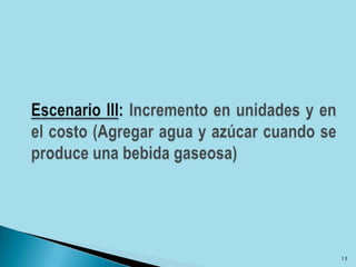 Escenario III: Incremento en unidades y en el costo (Agregar agua y azúcar cuando se produce una bebida gaseosa)13