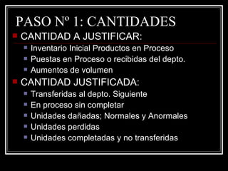 PASO Nº 1: CANTIDADES
   CANTIDAD A JUSTIFICAR:
       Inventario Inicial Productos en Proceso
       Puestas en Proceso o recibidas del depto.
       Aumentos de volumen
   CANTIDAD JUSTIFICADA:
       Transferidas al depto. Siguiente
       En proceso sin completar
       Unidades dañadas; Normales y Anormales
       Unidades perdidas
       Unidades completadas y no transferidas
 
